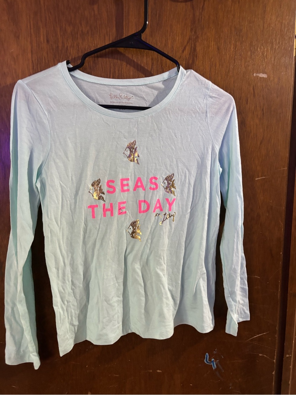 Lilly Pulitzer Light Blue Long Sleeve Tee with Pink 'SEAS THE DAY' and Gold Fish
